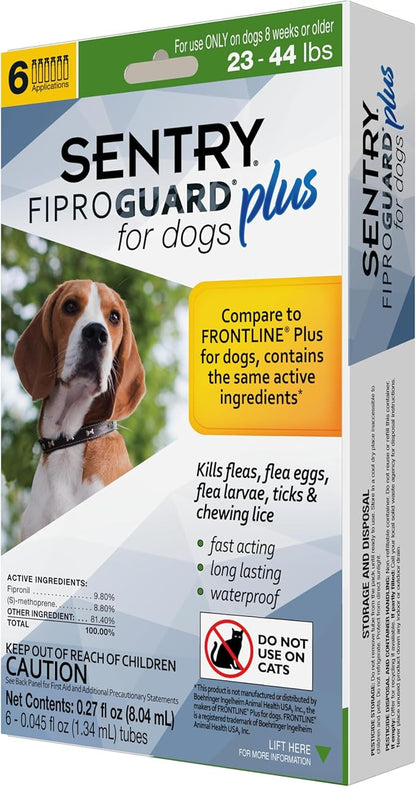 Sentry Fiproguard Plus for Dogs, Flea and Tick Prevention for Dogs (23-44 Pounds), Includes 6 Month Supply of Topical Flea Treatments