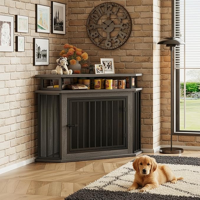 IRONCK 44" Corner Dog Crate with 2-Tier Shelves, Wooden Dog Kennel Furniture for TV Stand, Dog Kennel Indoor Furniture for Small and Medium Dogs, Rustic Brown (23.6" L x 43.3" W x 32.3" H)