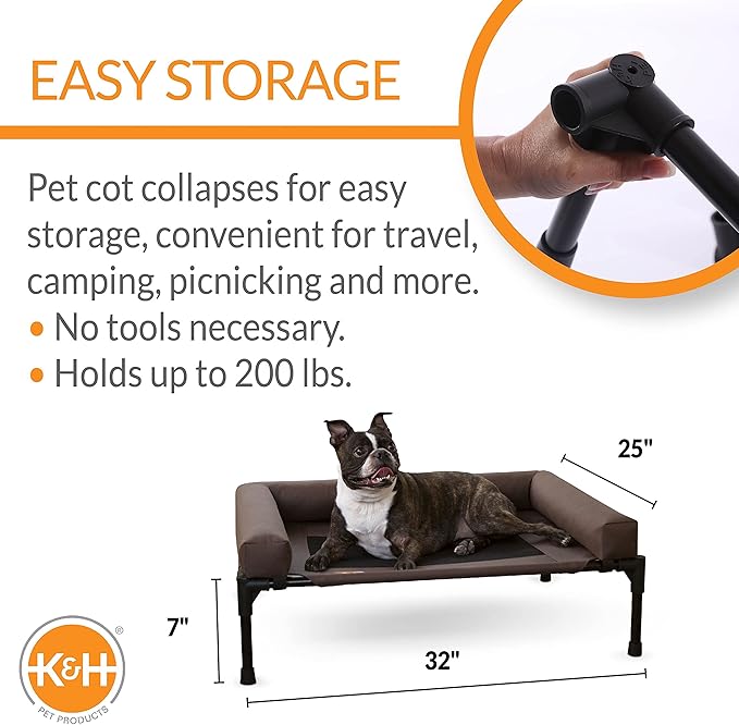 K&H Pet Products Bolster Dog Cot, Cooling Indoor Outdoor Elevated Cot Hammock Dog Bed with Removable Washable Bolsters, Washable Mesh Cover, Raised Metal Frame - Medium 32 X 25in Chocolate