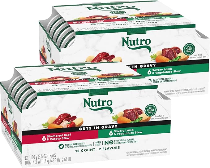 Nutro Natural Choice Cuts in Gravy Wet Dog Food, Grain Free Dog Food Wet Lamb and Beef Recipes Variety Pack, 3.5 oz. Trays (12 Count, Pack of 2)