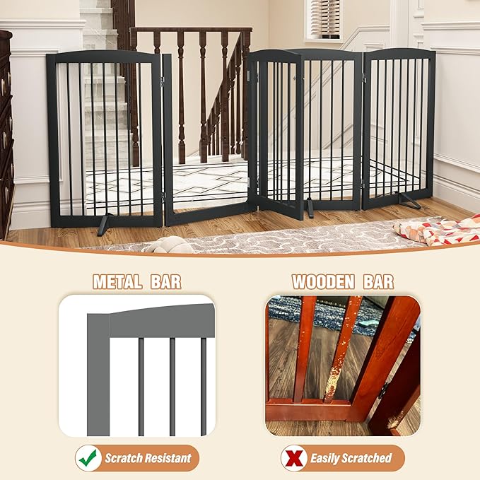 PUPETPO Freestanding Dog Gates with Door Walk Through, Pet Gate for Stairs, 80 inch Wide Gates Indoor, Dog Fences Indoor, Support Feet Included, 4 Panels, 32" Tall, Grey