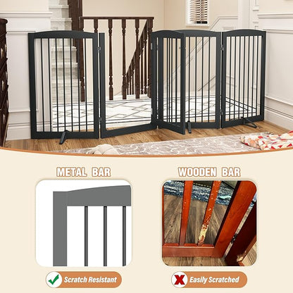 PUPETPO Freestanding Dog Gates with Door Walk Through, Pet Gate for Stairs, 80 inch Wide Gates Indoor, Dog Fences Indoor, Support Feet Included, 4 Panels, 32" Tall, Grey