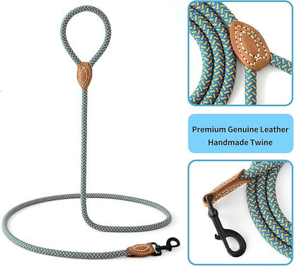 Mile High Life Rope Leash with Genuine Leather Connection, 6 FT/5 FT/4 FT, Heavy Duty Dog Leash for Medium & Large Dogs (Peacock Blue, 60Inch)