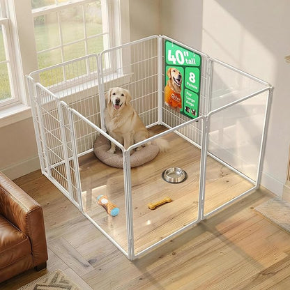 FXW AuraSpace Pro Acrylic & Wire Mesh Indoor Dog Playpen, 40" Height 8 Panels Metal Dog Pen for Medium and Large Dogs, White│Patented