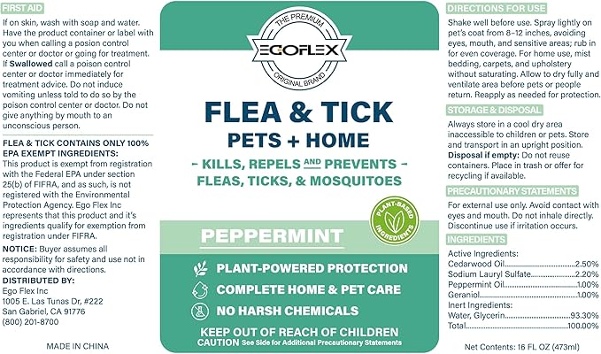 Flea Spray for Home & Pets - Flea and Tick Prevention for Dogs - Plant Based Repellent with Natural Essential Oils for Dog Flea Treatment Protection - Peppermint Scent - 16 Fl Oz