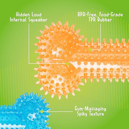Gnawsome Dog Toys - 6.5” Spiky Squeaker Bone - Medium - Dental & Gum Wellness - Stimulating Fun - Hidden Squeaker - Durable for Heavy Chewers - 100% BPA-Free - Assorted Colors