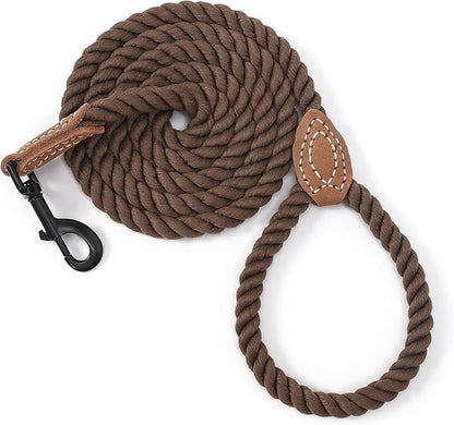 Mile High Life Dog Leash, Braided Cotton Rope Leashes with Leather Tip - Heavy Duty Metal Clasp, 6FT, 1/2" Thick - Wedding, Walking & Training Leash for Small Medium Large Dogs (Dark Brown)