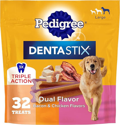 Pedigree Dentastix Dog Dental Treats, Dual Flavor Large Breed Dog Treats, Bacon & Chicken Flavor, 1.47 lb. Bag (32 Treats Total)