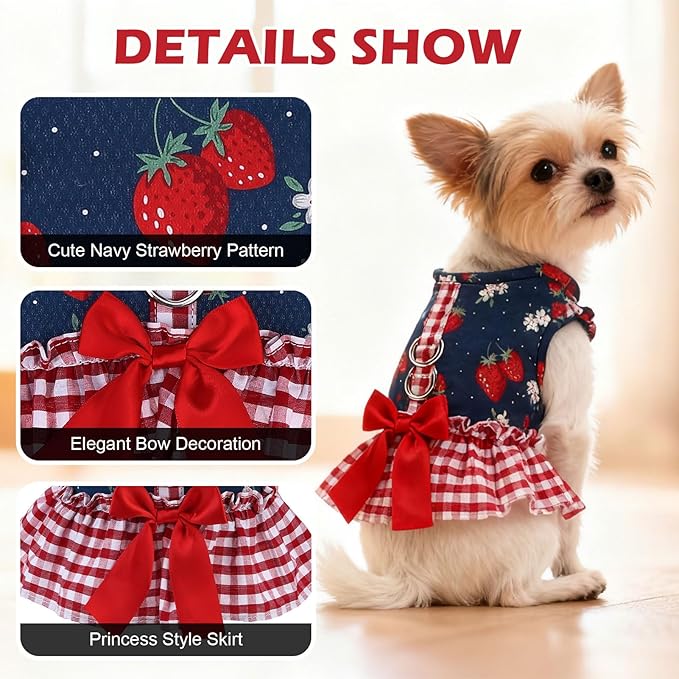EXPAWLORER Dog Harness Small Medium Sized Dogs, Plaid Dog Dress Bowknot Harness and Leash Set, No Choke No Pull Soft Mesh Vest Cute Princess Puppy Outfits Clothes Costume for Girls Party Cats Navy XS