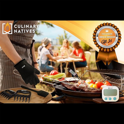 Smoker Gloves and Meat Claws | Instant-Read Thermometer, Timer & Brush | No.1 Heat Resistant Grill & Smoker Accessories Kit | BBQ Gloves & Pulled Pork Claws | Gift Set for Gas Charcoal & Pellet Grills