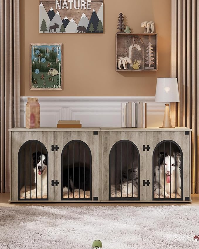 Hzuaneri 71" Dog Crate Furniture for 2 Dogs, Heavy Duty Indoor Dog Kennel TV Stand, XL Wooden Dog Cage with Divider for Medium Large Dogs, End Table Dog Crate with Cushion, Greige Black DFC81905B