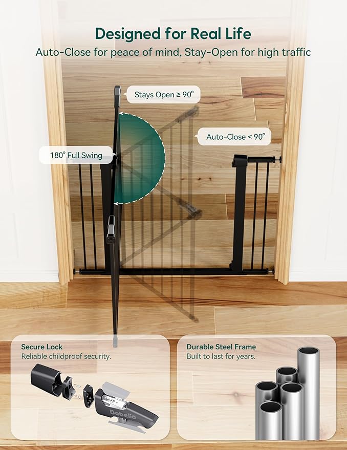 Babelio 36" Tall Baby Gate, 29-48" Auto-Close and Pressure Mounted Baby Gate for Stairs, Doorways, Hallway, Easy Walk Thru Pet Gate, Metal Child Gate with 2*Y Spindle Rods, Black