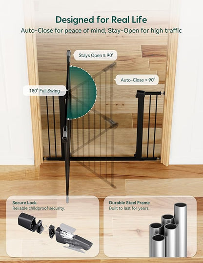 Babelio Metal Auto Close Baby Gate PressGuard P7, 29-48" Wide 30" Tall Extra Wide Pet Gate for The House and Doorways, Pressure Mounted Walk Thru Child Gate with Door, Black