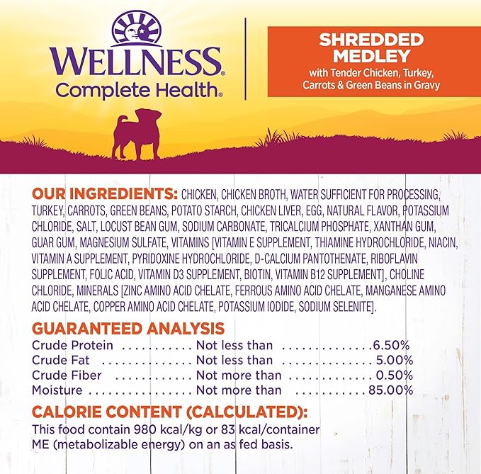 Wellness Petite Entrees Shredded Medley Small Breed Adult Wet Dog Food, Grain Free, Natural, Tender Chicken, Turkey, Carrots, and Green Beans, 3 oz, Pack of 12 Cups