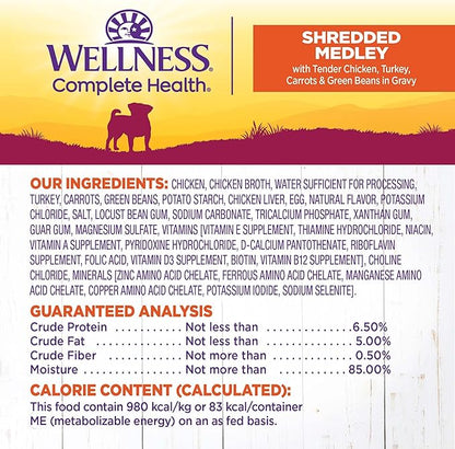 Wellness Petite Entrees Shredded Medley Small Breed Adult Wet Dog Food, Grain Free, Natural, Tender Chicken, Turkey, Carrots, and Green Beans, 3 oz, Pack of 12 Cups