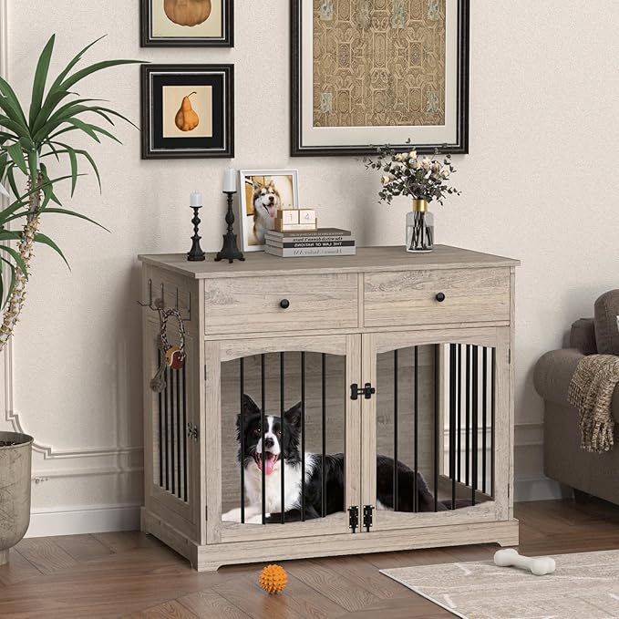 BREEZEHEAT Rustic Grey Dog Crate Furniture-40 inch Farmhouse Dog Kennel with Two Drawers-End Table Wooden Pet Crate, Decorative Dog House Indoor for Small Medium Large Dog
