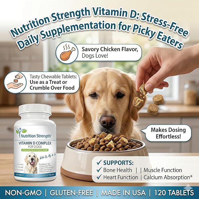 Vitamin D for Dogs with Calcium, Magnesium and Zinc to Support Strong Teeth, Bones and Muscles, Promote Mineral Metabolism and a Healthy Immune Function, 120 Chewable Tablets