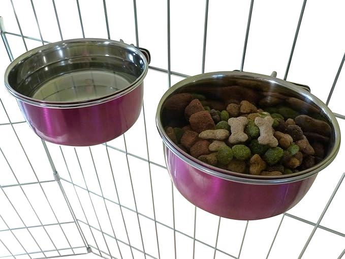 Ellie-Bo Pair of Dog Bowls for Crates/Cages or Pens, Small, 0.6 Litre, Pink