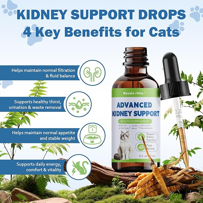 Cat Kidney Support, Kidney Support Supplement for Cats – Vet-Formulated Herbal Liquid with Rehmannia & Cordyceps to Help Support Healthy Kidney Function, Hydration, Appetite & Energy Level