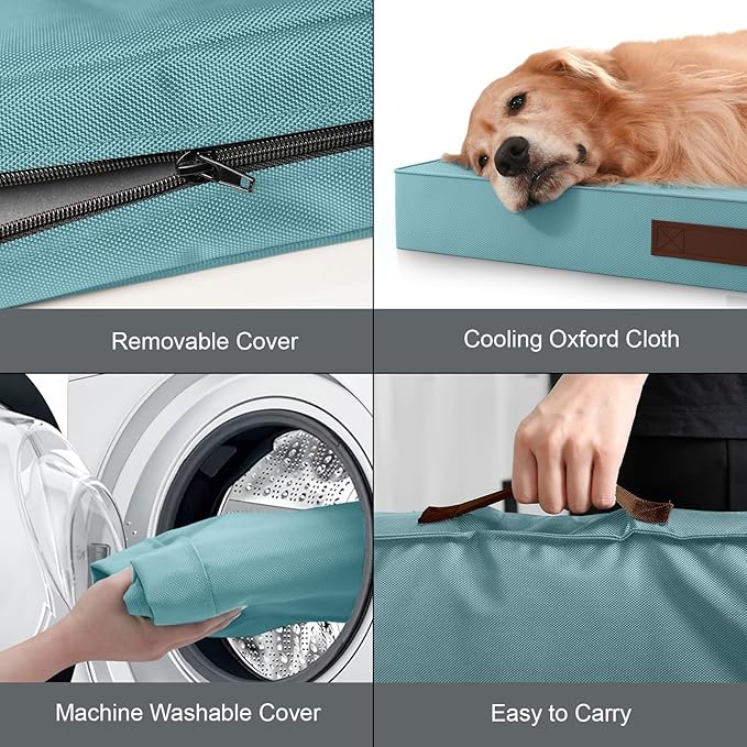 Outdoor Large Washable Dog Bed, Orthopedic Egg Crate Foam Dog Crate Mat for Large Dogs with Removable Oxford Cooling Cover, Light Blue