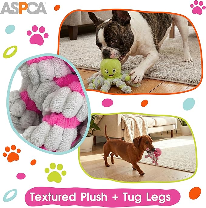 ASPCA 2-Pack Octopus Plush Dog Toys with Squeaker – Squeak & Tug Interactive Toys with Bungee Legs, Soft Cuddly Plush for Fetch, Tug, and Playtime