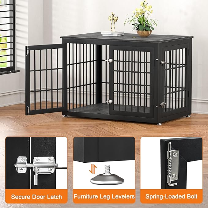 rehomerance 38 Inch Heavy Duty Dog Crate Furniture for Large and Medium Dogs, Decorative Pet House End Table, Wooden Cage Kennel Furniture Indoor, Gray