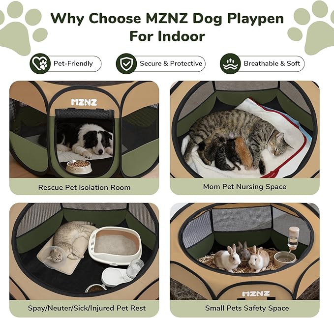 Dog Playpen, Portable Puppy Pet Crate Indoors for Small/Medium/Large Dogs Cats Rabbits, Foldable Dog Cage Enclosure for Outdoor, Pop Up Dogs Tent Kennel with Carrying Case, Olive Green