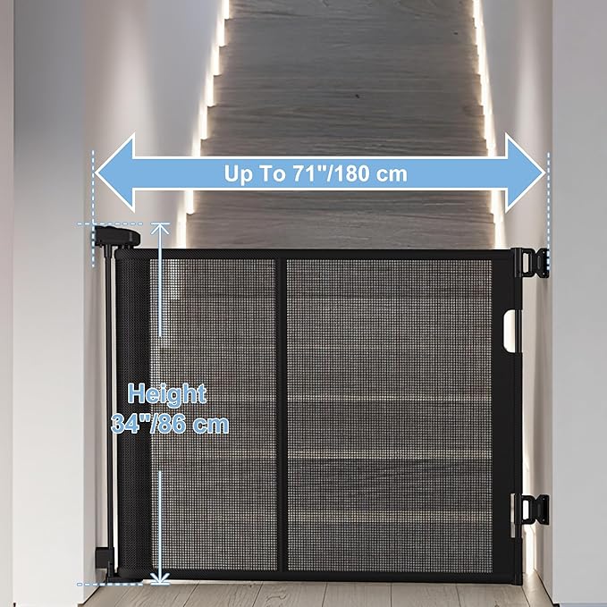 71 inches Extra Wide Retractable Baby Gate, 34 inches Tall Pet Gate for Stairs, Hallways, Kitchens, Safety Mesh Barrier for Kids and Dogs, Indoor Outdoor Use, Black