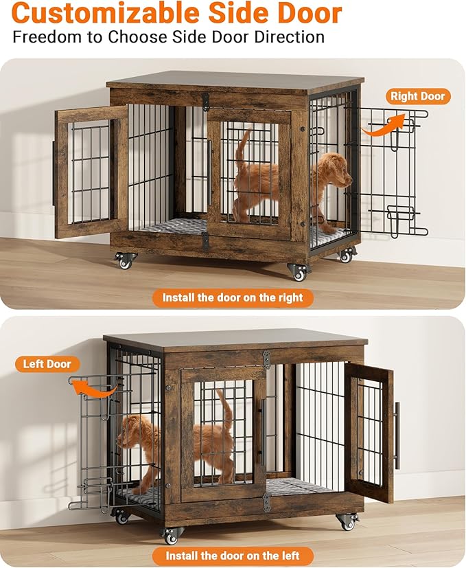 YaFiti Dog Crate Furniture with Cushion Set of 2, Wooden Dog Kennel Indoor with Double Doors, Dog Cage with Wheels, Dog House Side End Table for Small Dogs up to 30 lb, 27.2" L, Rustic Brown