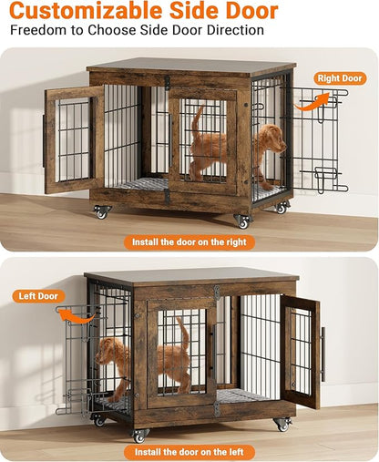 YaFiti Dog Crate Furniture with Cushion Set of 2, Wooden Dog Kennel Indoor with Double Doors, Dog Cage with Wheels, Dog House Side End Table for Small Dogs up to 30 lb, 27.2" L, Rustic Brown