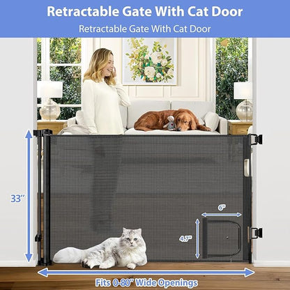 Retractable Baby Gates with Cat Door 80" Wide Retractable Dog Gate with Pet Door Outdoor Retractable Gate for Dogs Retractable Pet Gate with Door Mesh Baby Gate Retractable Mesh Dog Gate (Black)