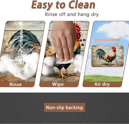 Rooster Dog Food Mat for Floors,Vintage Wood Panel Absorbent Quick-Dry Pet Feeding Mat,Cat Dog Bowl Mats for Food and Water,Non-Slip Pet Accessories Supplies 12"x20"