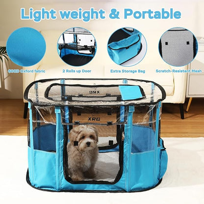 Portable Pet Playpen with Waterproof pad, Collapsible Crates Kennel Playpen for Dog cat and Rabbit &Travel playpen Outdoor or Indoor (Medium（31.5" L x 23.6" W x 21.7" H）, Clear Blue)