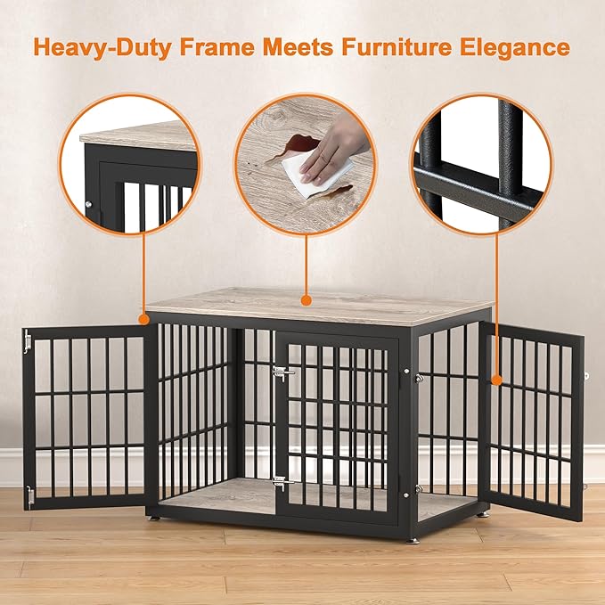 rehomerance 38 Inch Heavy Duty Dog Crate Furniture for Large and Medium Dogs, Decorative Pet House End Table, Wooden Cage Kennel Furniture Indoor, Grey