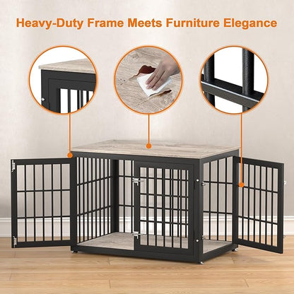 rehomerance 38 Inch Heavy Duty Dog Crate Furniture for Large and Medium Dogs, Decorative Pet House End Table, Wooden Cage Kennel Furniture Indoor, Grey
