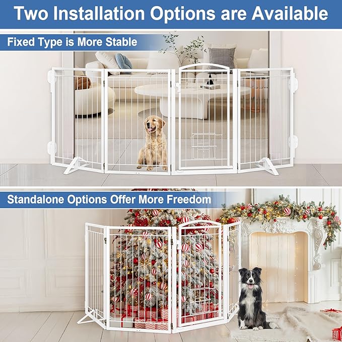 Metal Freestanding Dog Gate with Cat Door for Indoor/Outdoor,80" Extra Wide Foldable Pet Gate,32" Tall Foldable Indoor Dog Fence for Large Openings Stairs,Deck,Yard,Doorways(4 Panels,White)
