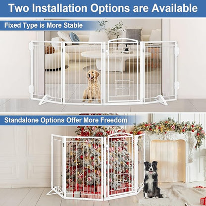 Metal Freestanding Dog Gate with Cat Door for Indoor/Outdoor,80" Extra Wide Foldable Pet Gate,32" Tall Foldable Indoor Dog Fence for Large Openings Stairs,Deck,Yard,Doorways(4 Panels,White)