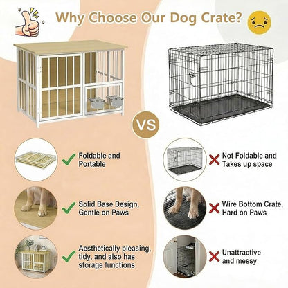 Hadulcet Foldable Dog Crate Furniture, No Assembly Indoor Dog Kennel with Storage Top, Wooden Dog Crate Table for Small to Medium Dogs (Up to 30 lbs), 27.55” Furniture Style Dog Cage with 2 Bowls Oak