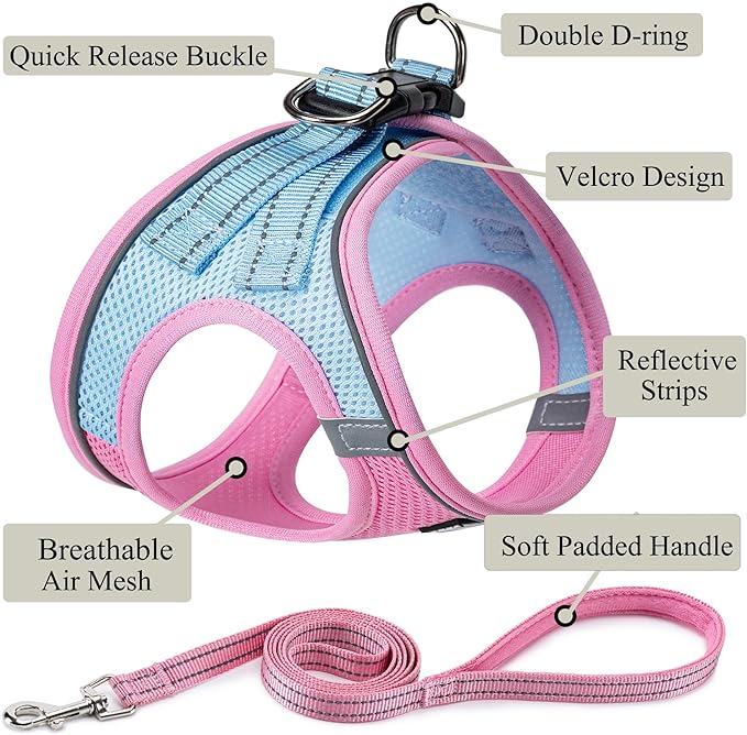 Dog Harness with Leash Set, No Pull Adjustable Reflective Step-in Puppy Pet Vest Harnesses for Small Medium Large Dogs and Cats,Pink Green S