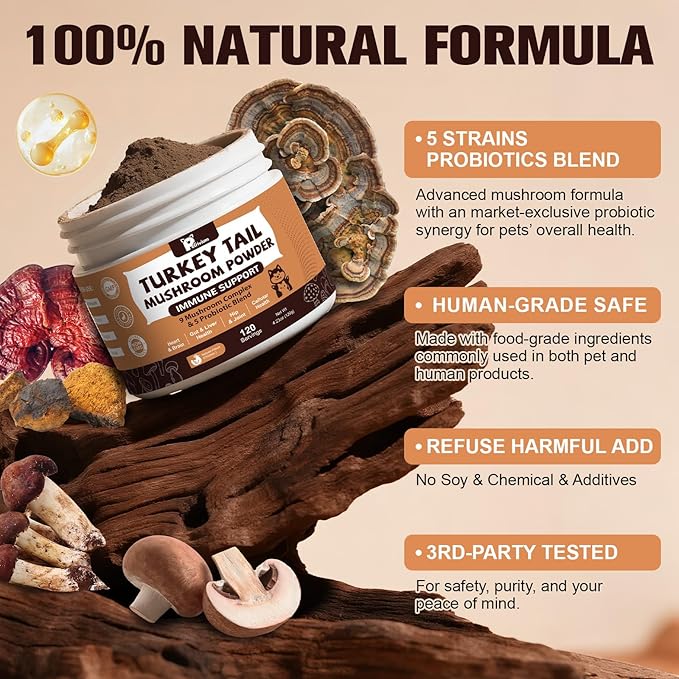 Mushroom Supplement with Probiotics for Dogs & Cats, Turkey Tail Mushroom for Pets - Mushroom Powder for Immune Boost & Overall Health- Partner Guard for Dogs Lumps and Bumps