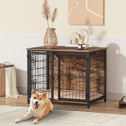 MAHANCRIS Dog Crate Furniture with Cushion, Wooden Dog Kennel with Double Doors, Heavy Duty Dog Cage for Small/Medium/Large Dogs, Indoor Dog House End Table, 31.5" L, Rustic Brown DCHR0701Z1