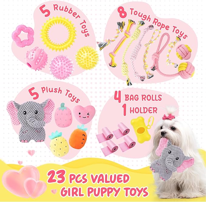 XIUGOAL Pink Puppy Toys for Boredom - 23 Pack Puppy Chew Toys for Teething, Enrichment Dog Toys for Small Dogs with Squeaky Dog Chew Toys, Treat Ball and Ropes