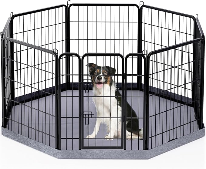 PETIME Dog Playpen,Metal Exercise Puppy Pen Heavy Duty Kennels Yard Fence Indoor/Outdoor 27" W x 32" H 8 Panels Dog Cage with Octagon Bottom Pad