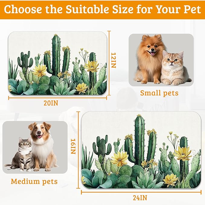 Tropical Cactuses Feeding Mat,Blooming Succulents Absorbent Quick-Dry Cat Dog Food and Water Bowl Mats,Non-Slip Rubber Backing Mat,Cat Dog Accessories Supplies 12" x 20"