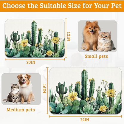 Tropical Cactuses Feeding Mat,Blooming Succulents Absorbent Quick-Dry Cat Dog Food and Water Bowl Mats,Non-Slip Rubber Backing Mat,Cat Dog Accessories Supplies 12" x 20"