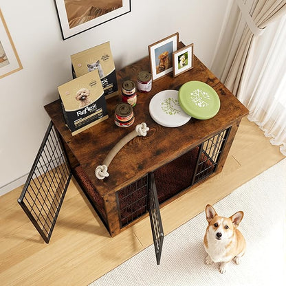 Greesum Modern Dog Crate Furniture That Doubles as a Side Table - Sturdy Wooden Kennel with Double Door Design, Equipped with Soft Cushion & Chew-Resistant Resign, Suitable for Dogs