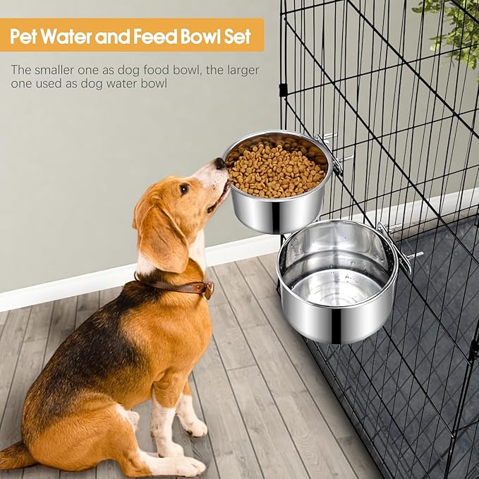 2 Pcs Large Pet Dog Food Water Bowl for Cage Stainless Steel Non-Spill Kennel Hanging Cats Bowls with Clamp Holder Crate Feeder Dish for Medium Large Dogs Huge Pets (7.1x3.7'' & 7.1x2.5'')
