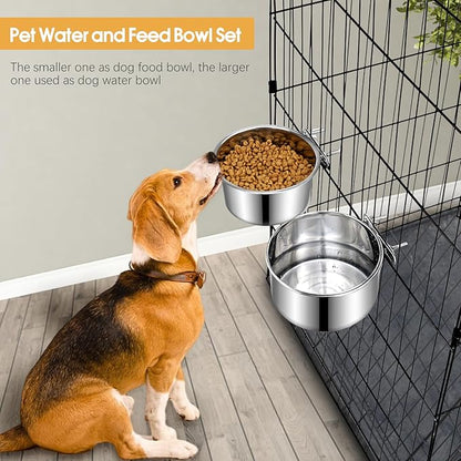 2 Pcs Large Pet Dog Food Water Bowl for Cage Stainless Steel Non-Spill Kennel Hanging Cats Bowls with Clamp Holder Crate Feeder Dish for Medium Large Dogs Huge Pets (7.1x3.7'' & 7.1x2.5'')