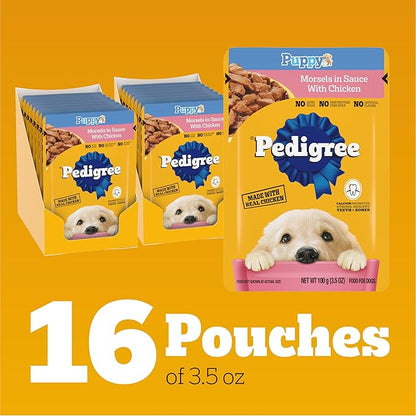 Pedigree Puppy Food Morsels in Sauce, Wet Dog Food Pouches, Chicken Flavor, 3.5 oz. Pouches, 16 Count
