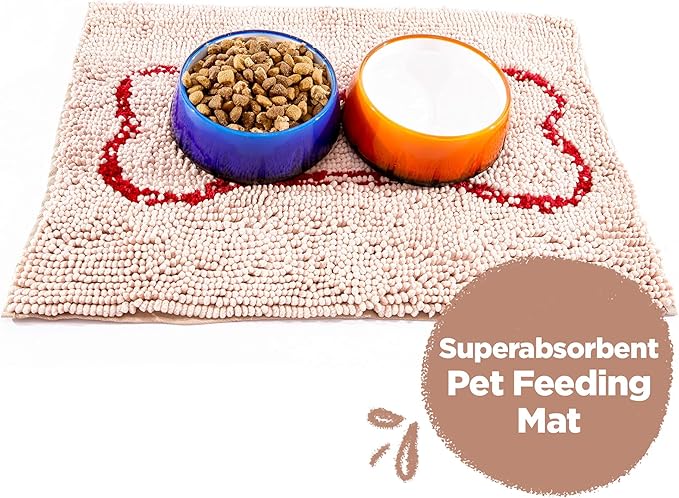 Soggy Doggy Slopmat Dog Food Mat – Absorbent Microfiber Chenille Pet Feeding Mat for Food & Water Bowls, Muddy Paws Small Doormat, Non-Slip, Machine Washable Rug – Beige/Red Bone, 18” x 24”